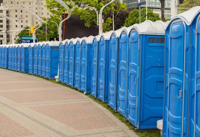 a row of portable restrooms at an outdoor special event, ready for use in Albany